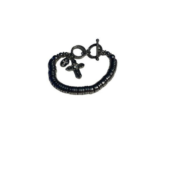 Cross Stretch Bracelet Sliver Tone Unisex - Picture 1 of 8